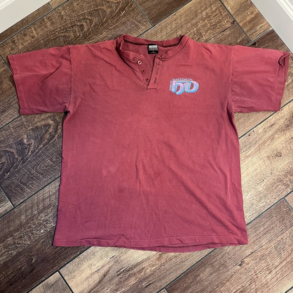Harley Davidson Henley T-Shirt Red Large Vtg 90s Single Stitch Biker Y2K Grunge
